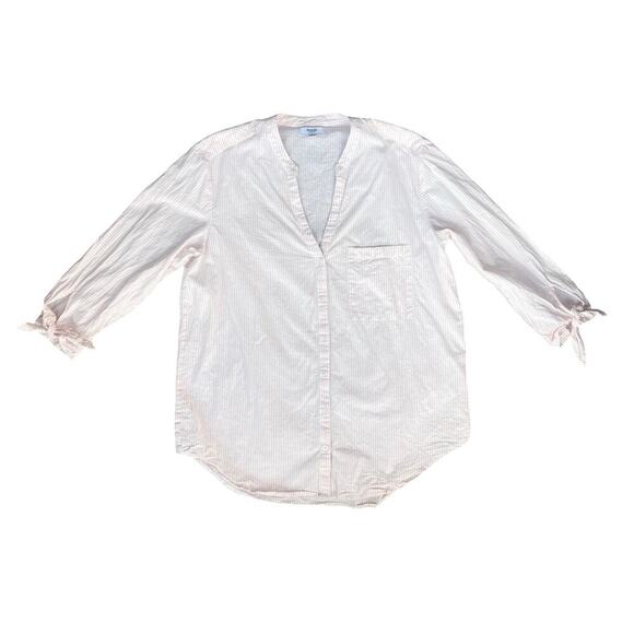 Kensie Jeans Striped Button Front Cotton Blouse with Tie Sleeves – Size Large - Picture 2 of 8